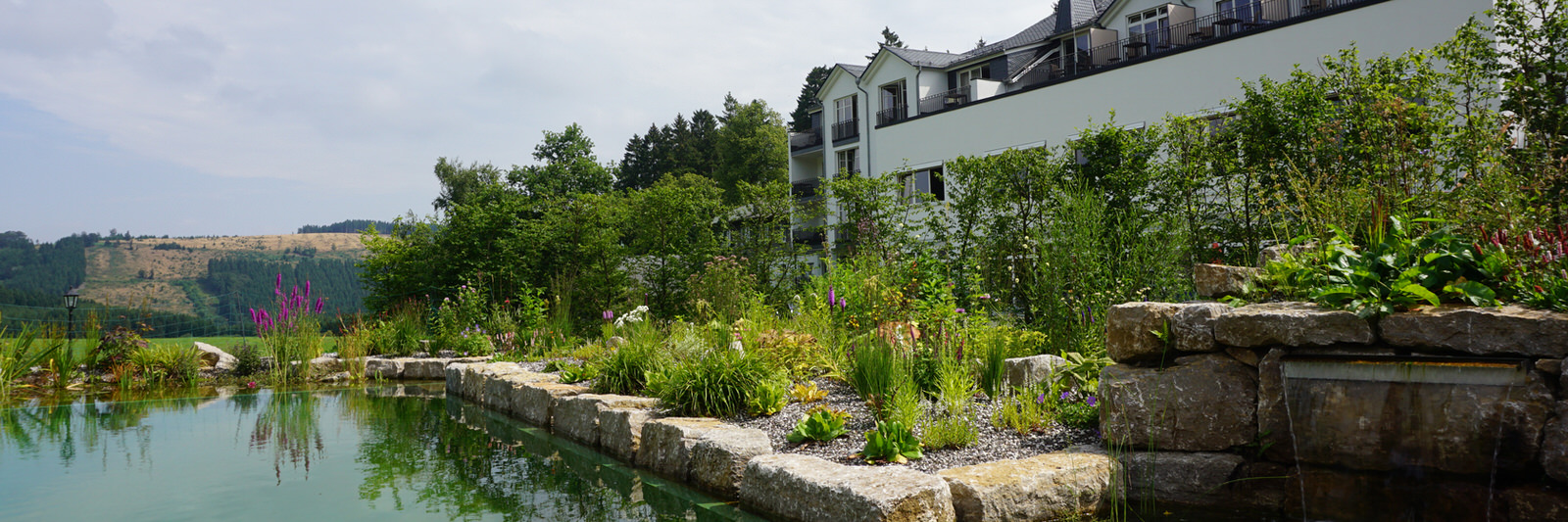 Blick über den Hotelteich in die Ferne