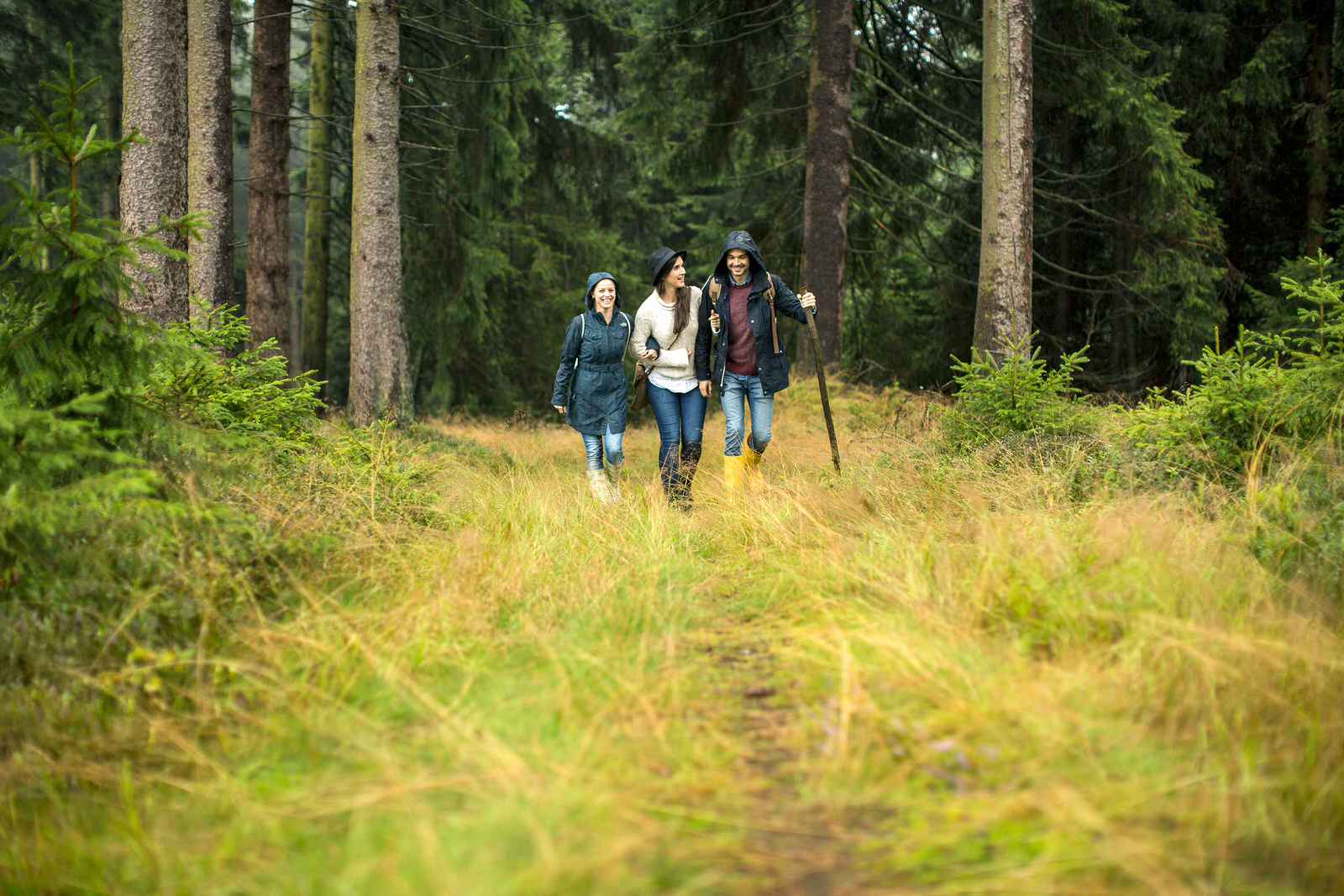 3 mensen wandelen in de regen in het bos met rubberlaarzen