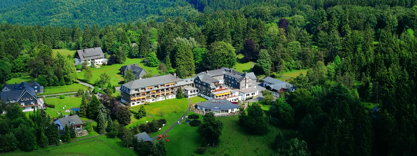 Luftaufnahme vom Jagdhaus Wiese im Sommer