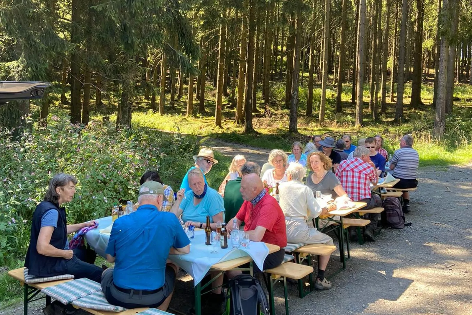Wandererpause mit Bierbänken im Wald