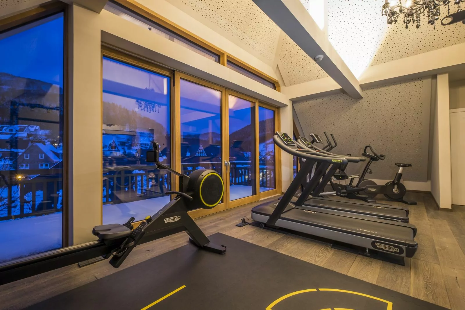Fitnessraum mit Laufbändern und Rädern - Blick nach draußen auf Winterlandschaft