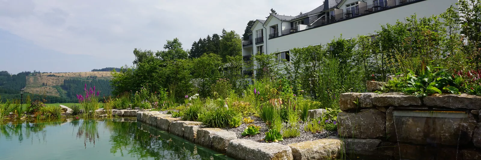 Blick über den Hotelteich in die Ferne