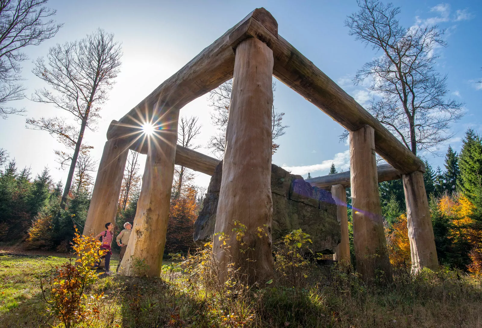 Wanderer bei einer Waldskulptur